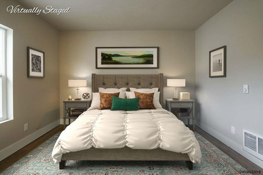 Photo of bedroom with beige walls, bed, side tables and photos on the wall.