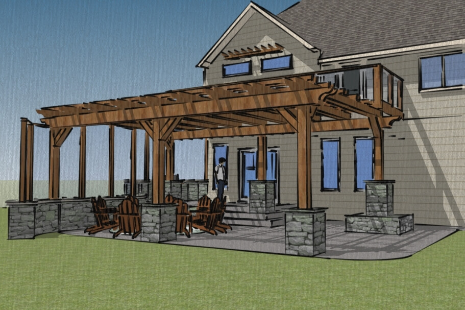 Drawing of pergola design and patio on a two-story home.