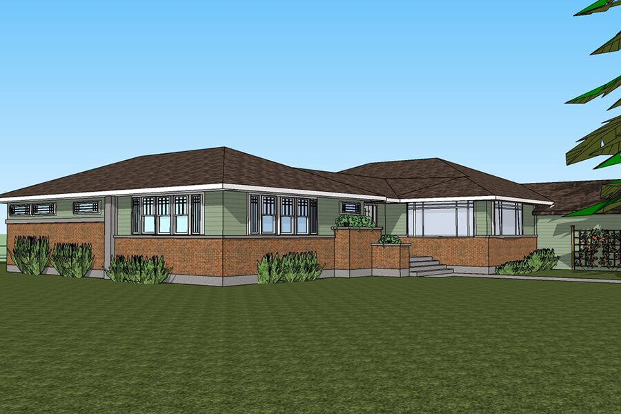Corner perspective drawing of green and brick ranch style remodel.
