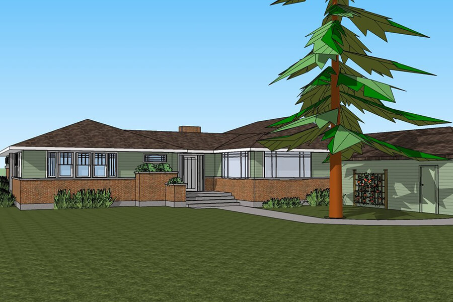 Drawing of one-story, green and brick ranch-style remodel.