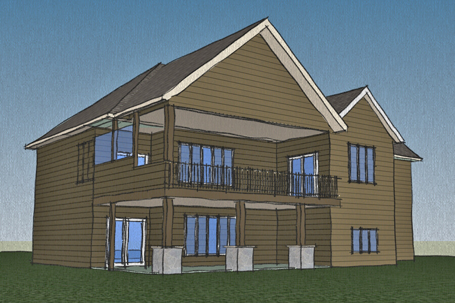 Drawing of a two-story Contemporary Craftsman -home, angled front elevation perspective.