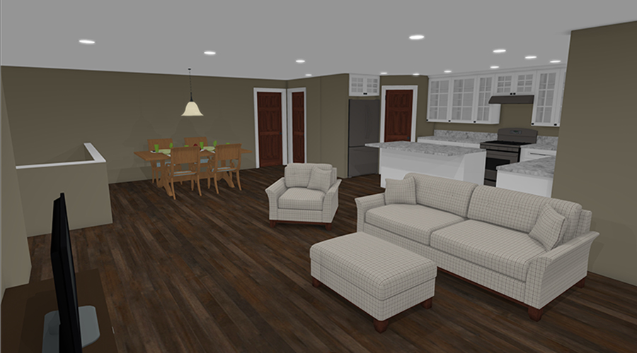 Computer aided drawing of family room, kitchen and dining room