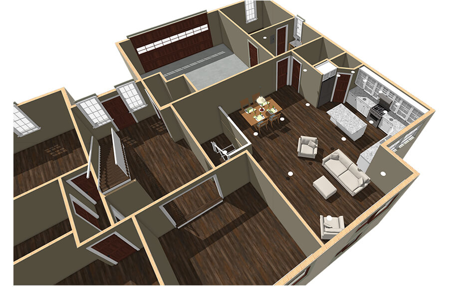 Computer aided drawing of floor plan for two story home