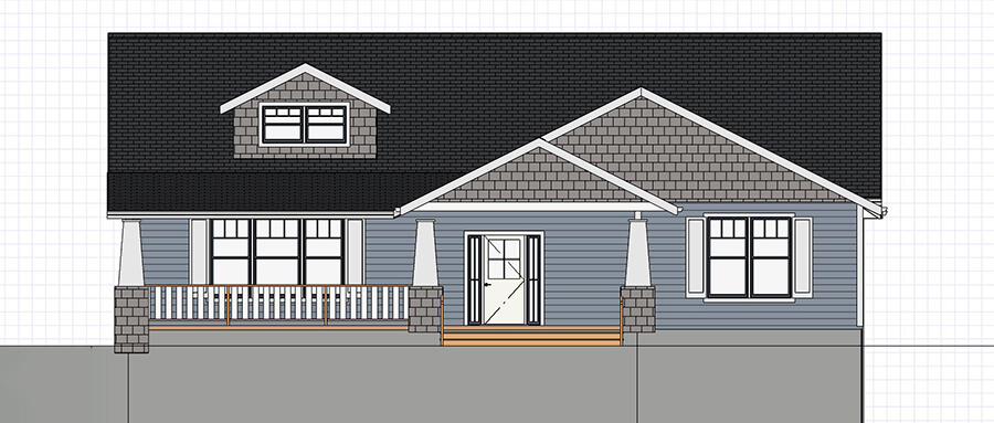 Elevation drawing of the front of a one story house