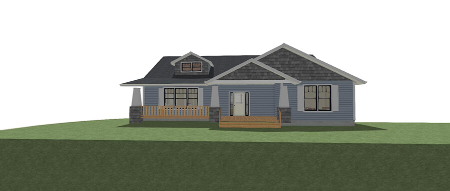 Front of a one story home showing elevation perspective