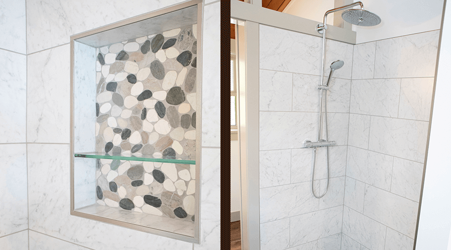 Rock mosaic cutout in open shower